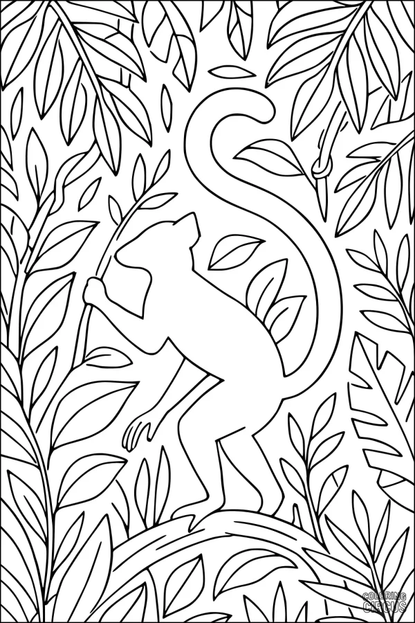 Coloring page featuring a lemur climbing in dense jungle leaves