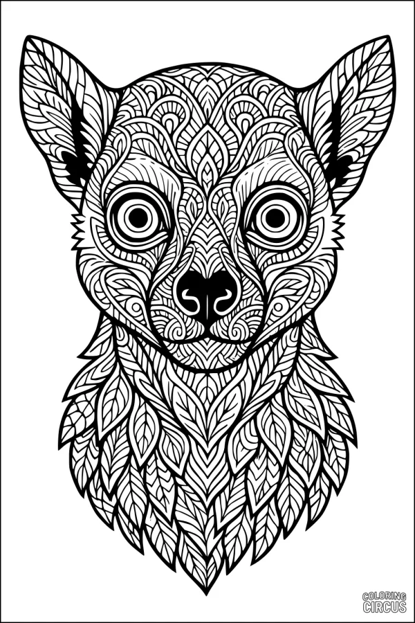 Coloring page showing a detailed lemur face with intricate leafy patterns and swirling designs
