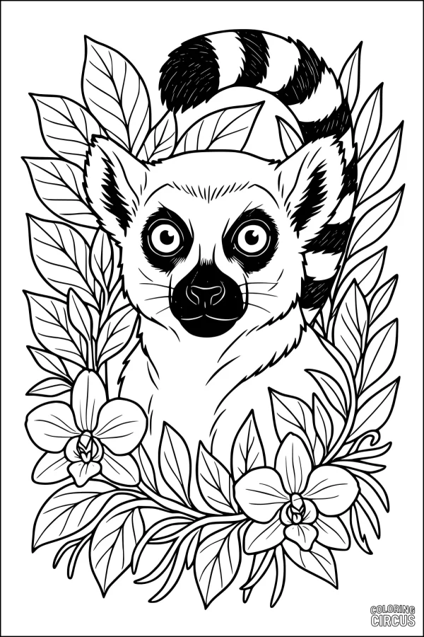 Coloring page showing a lemur surrounded by tropical leaves and large flowers