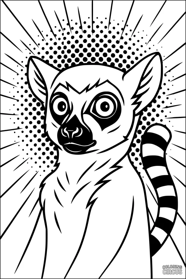 Coloring page of a cartoon lemur with wide eyes and a striped tail in a pop art style background