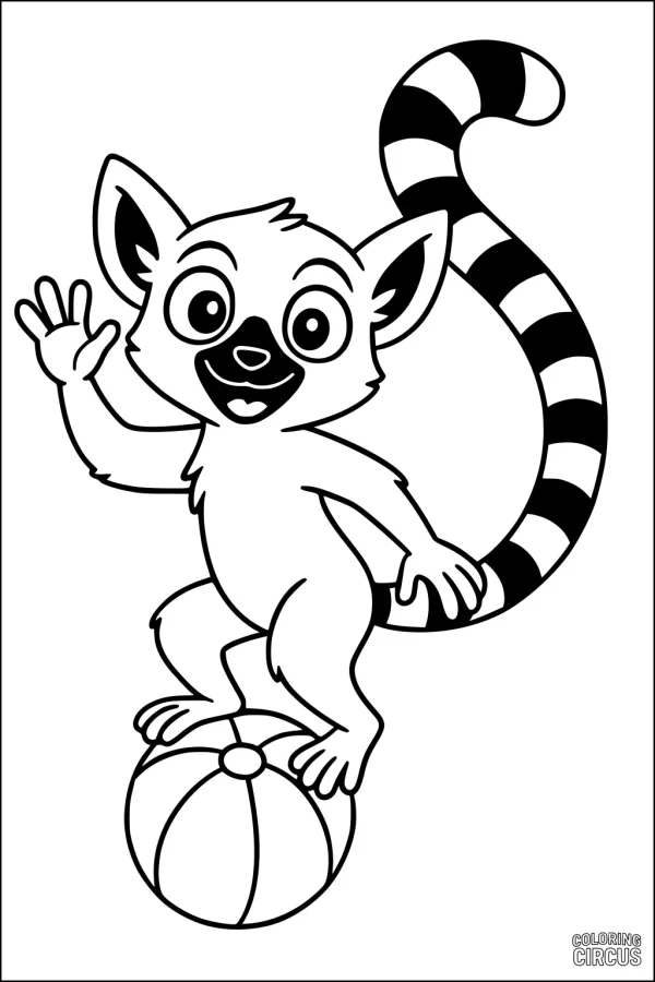 Coloring page featuring a cartoon lemur standing on a beach ball, waving, with a striped tail