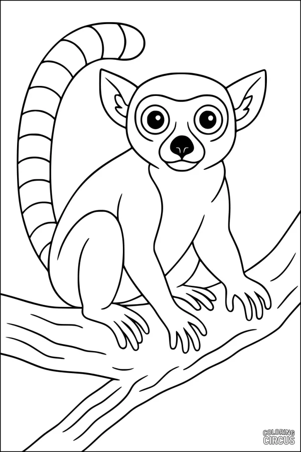 Coloring page featuring a cute lemur with a striped tail sitting on a branch