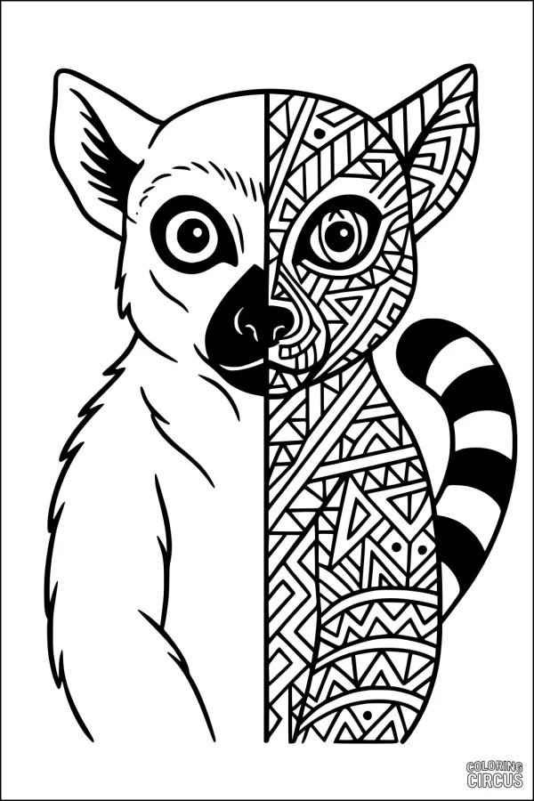 Coloring page featuring a half-realistic, half-patterned lemur design with geometric shapes