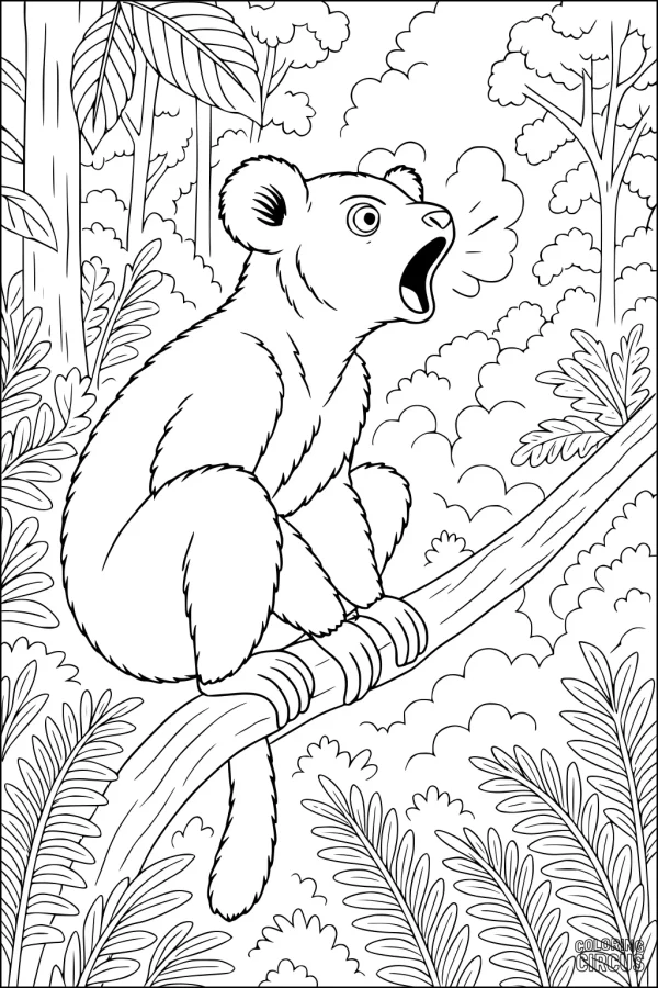 Coloring page featuring a lemur sitting on a tree branch in a rainforest full of leaves and trees, with its mouth open as if calling.