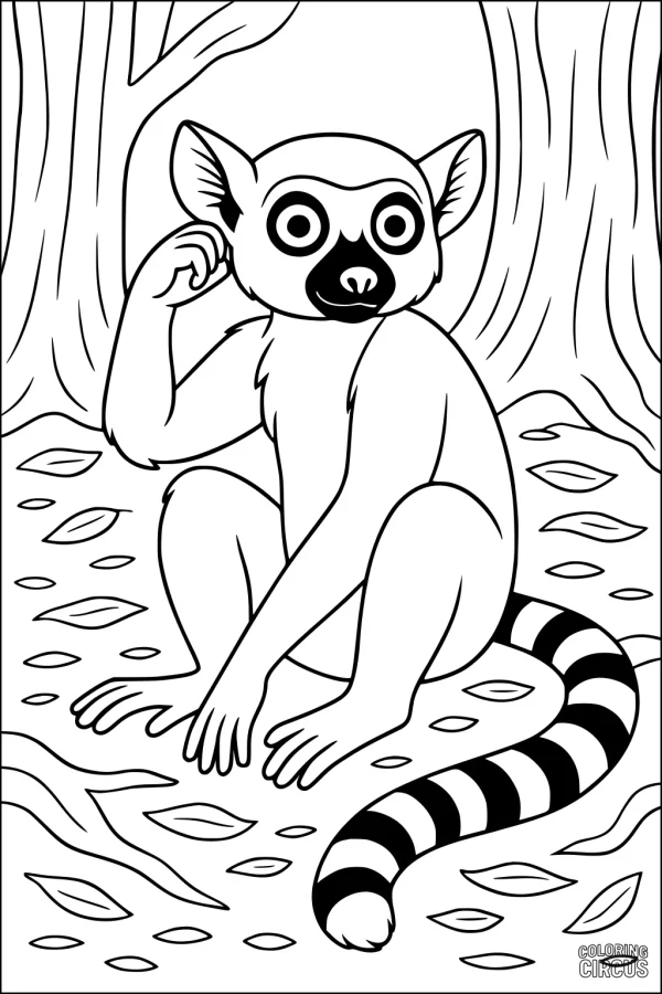 Coloring page of a cartoon lemur sitting on forest floor with striped tail and trees in background