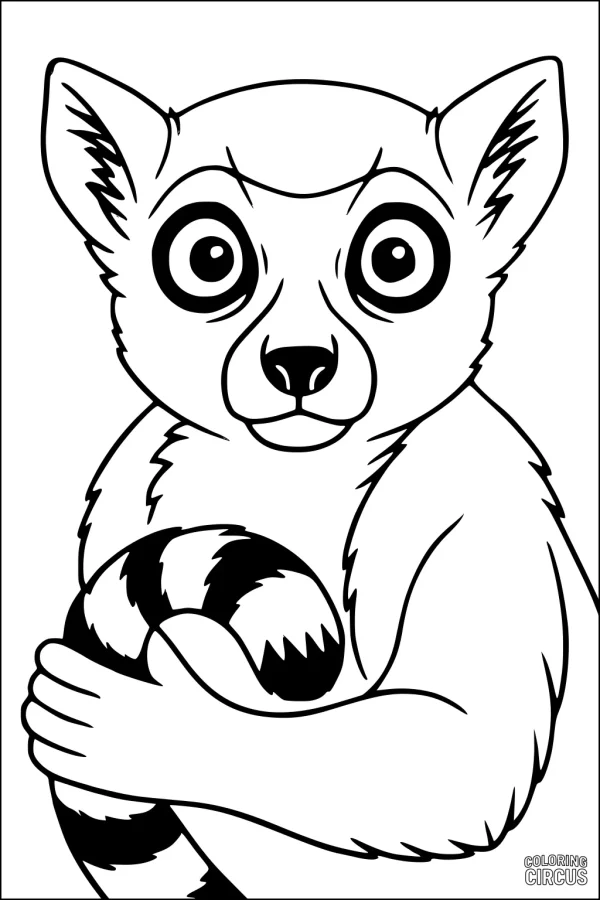 Coloring page featuring a cute lemur holding its striped tail, large eyes, and fluffy fur