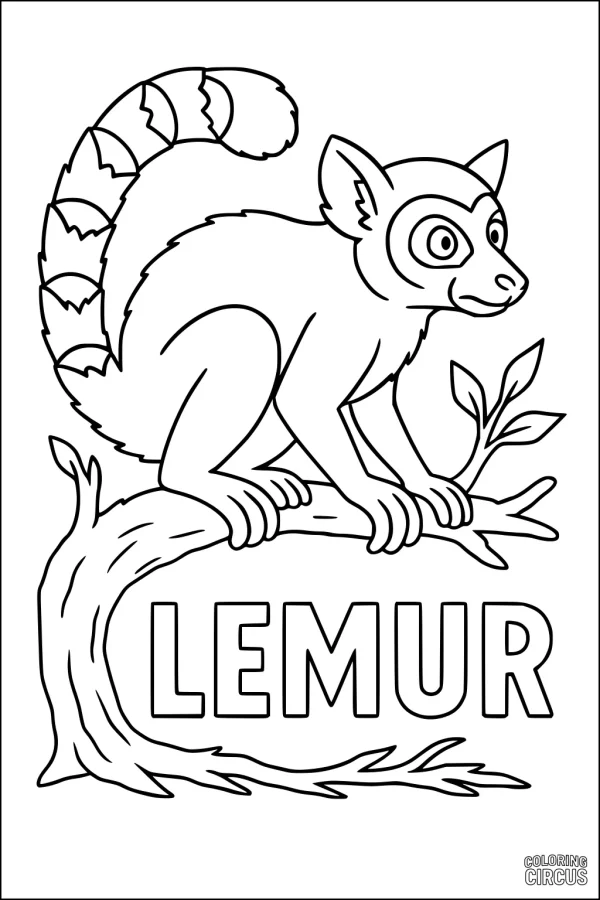 Coloring page featuring a friendly lemur sitting on a branch with large, clear stripes on its tail