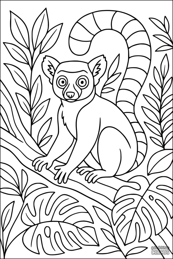 Coloring page showing a lemur with a ringed tail sitting on a branch among jungle leaves
