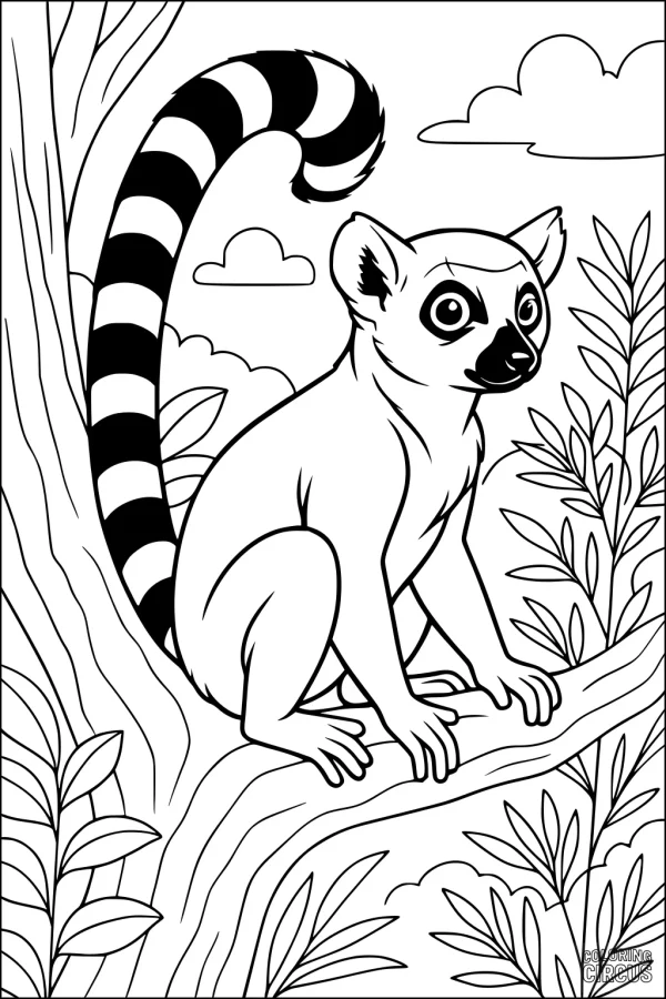 Coloring page showing a lemur with a striped tail sitting in a tree surrounded by leaves and clouds.