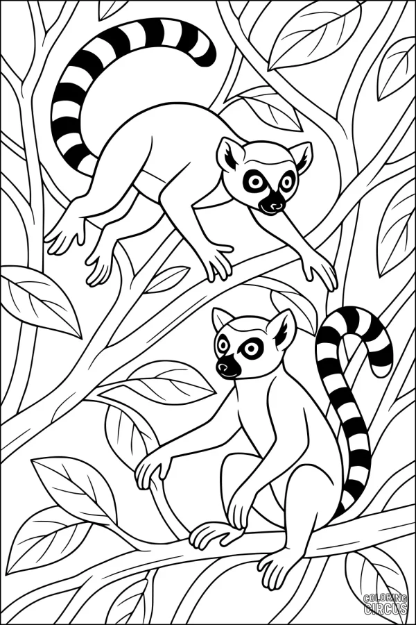 Coloring page features two cartoon lemurs with striped tails sitting and climbing in a tree with many leaves.