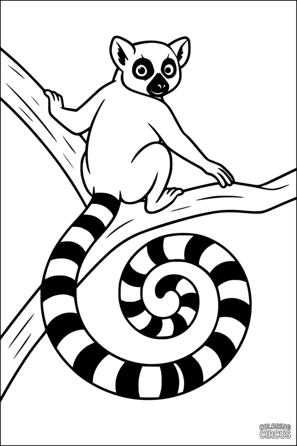 Coloring page featuring a cute lemur with a long striped tail sitting on a tree branch