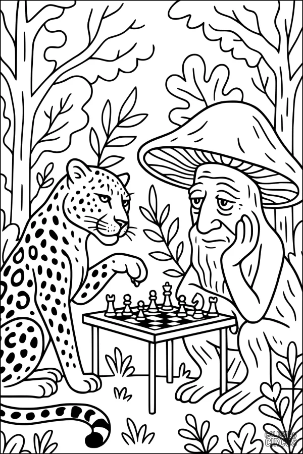 Coloring page showing a leopard and a mushroom character playing chess in the forest