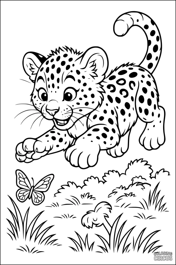 Coloring page of a cute leopard cub leaping toward a butterfly in grassy bushes, perfect for children
