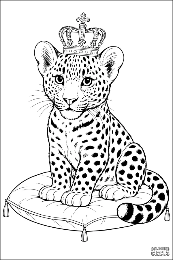 Coloring page featuring a cute leopard cub wearing a crown and sitting on a decorative pillow