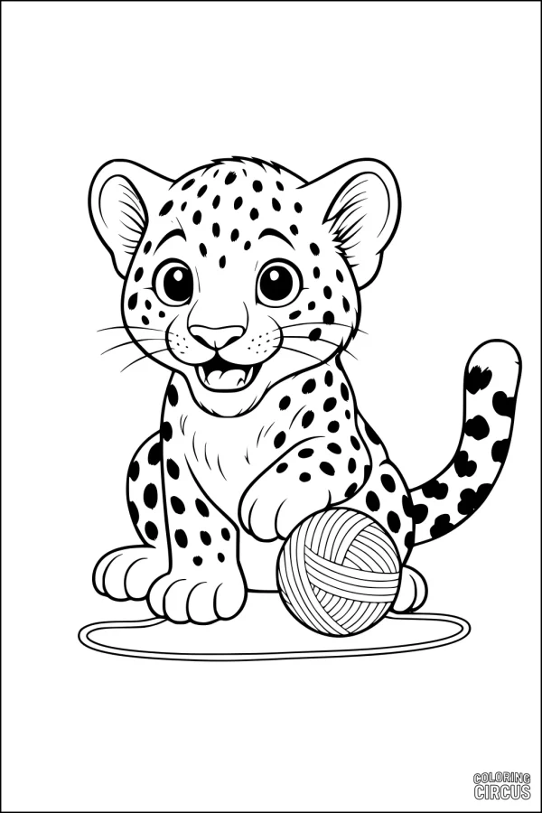 Coloring page of a cute leopard cub playing with a yarn ball