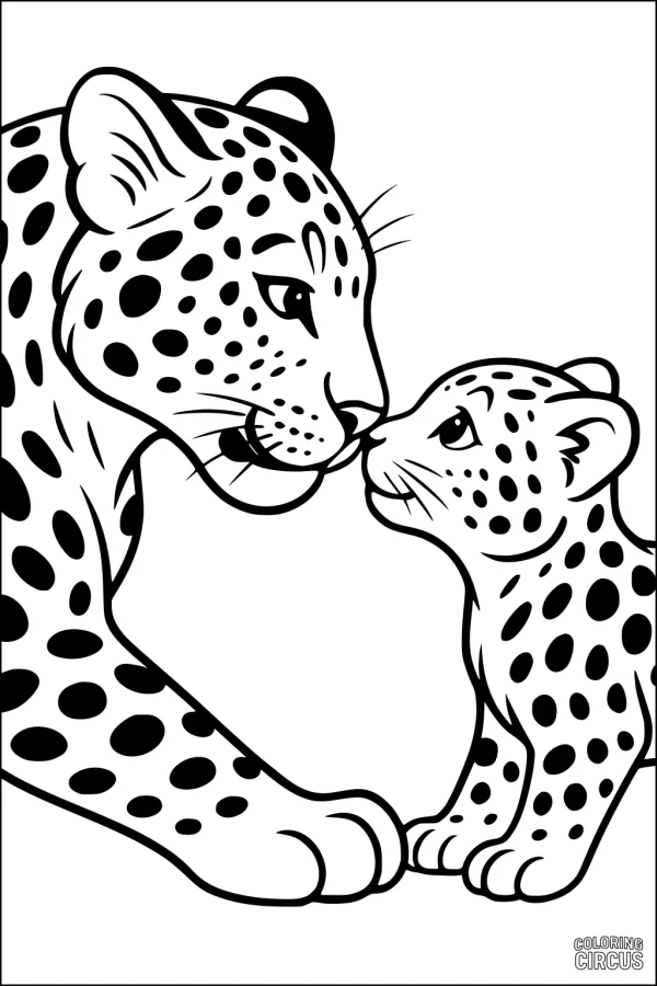 Coloring page showing a mother leopard and cub touching noses