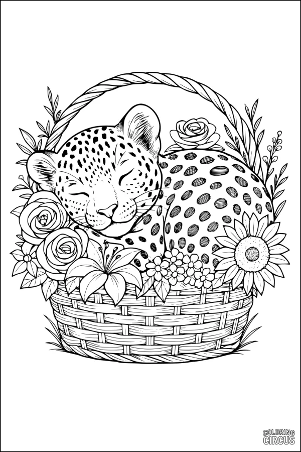 Coloring page showing a smiling leopard cub resting in a woven basket surrounded by detailed flowers and leaves