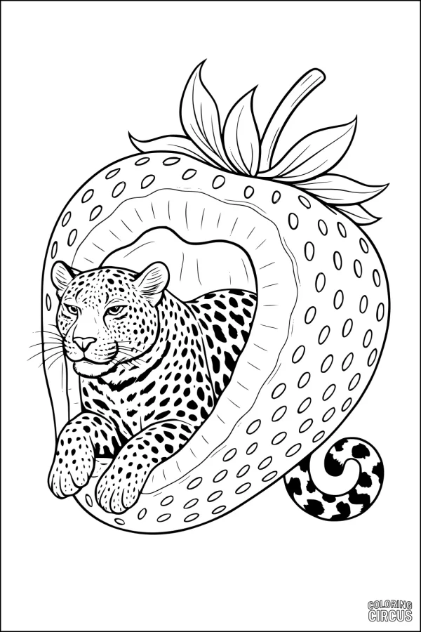 Coloring page featuring a relaxed leopard lounging inside a large strawberry, blending wildlife and fruit themes for kids