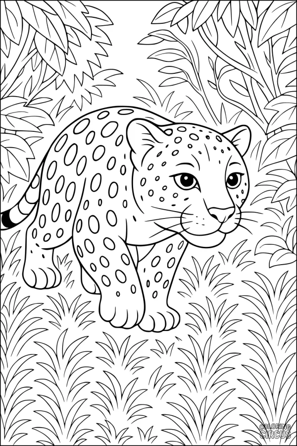Coloring page featuring a friendly leopard walking through jungle leaves and grass