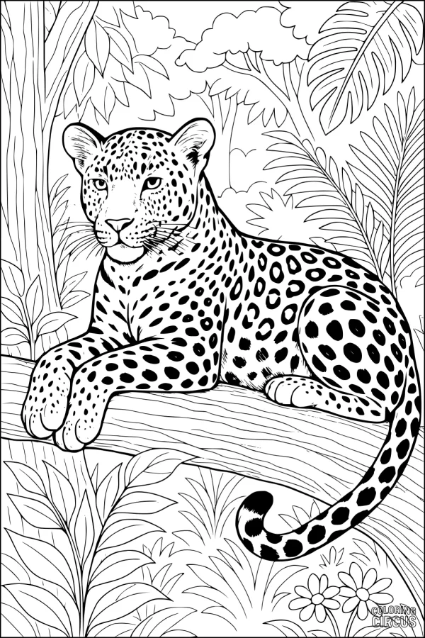 Coloring page showing a leopard resting on a tree branch in a jungle with detailed plants and flowers