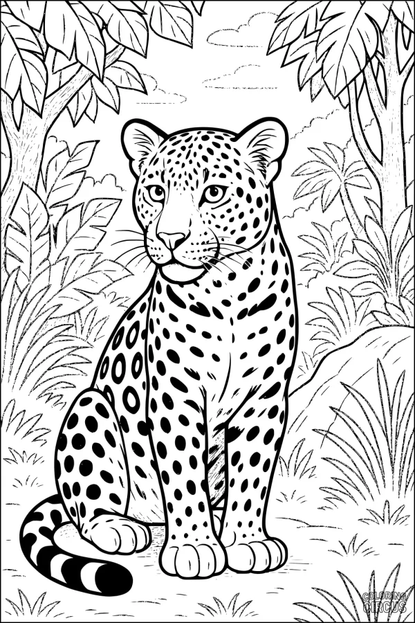 Coloring page of a leopard sitting in a leafy jungle with trees and grass