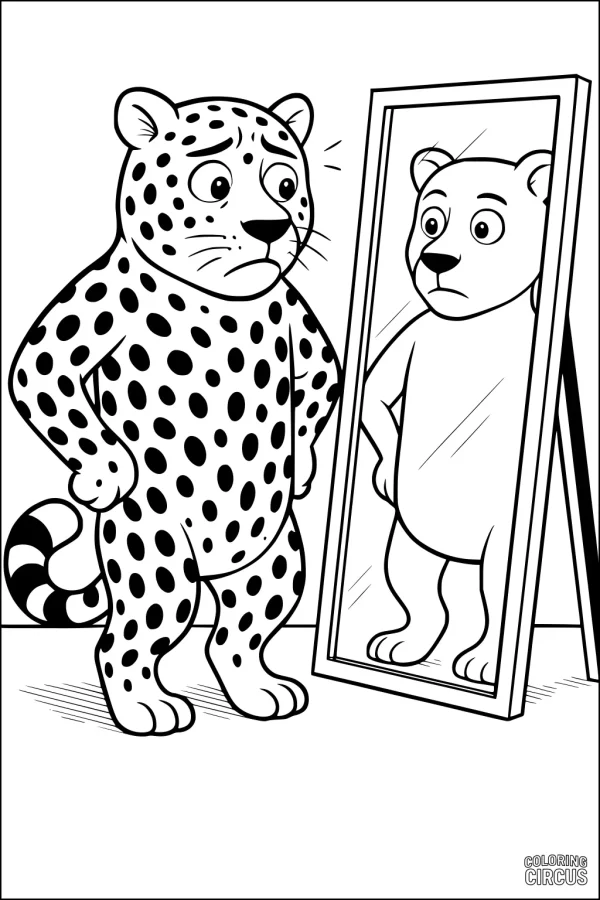Coloring page of a cartoon leopard looking into a mirror and seeing a spot-free reflection.