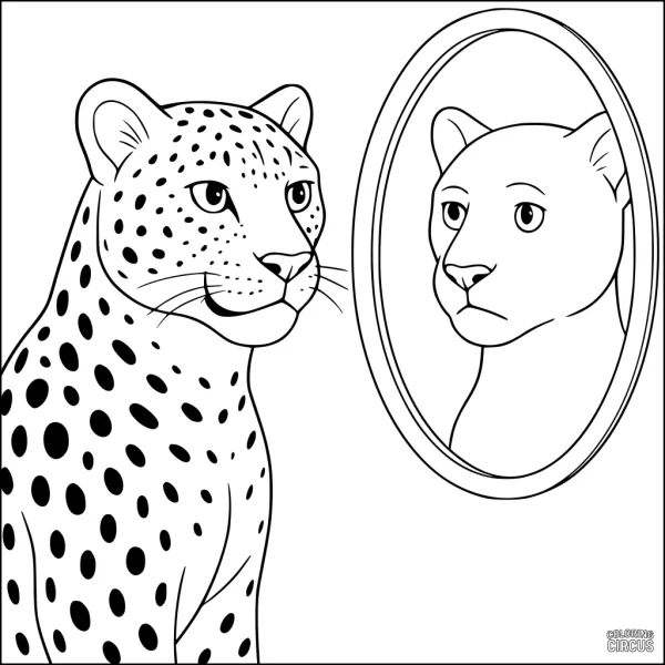 Coloring page showing a leopard looking at its reflection in a mirror, with spots on the leopard and a plain face in the mirror.