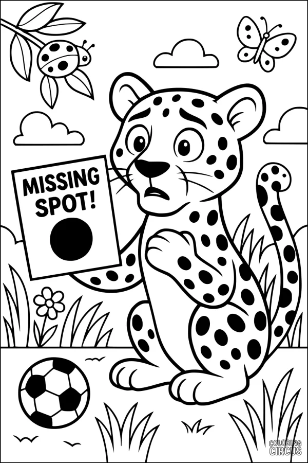 Coloring page featuring a cute cartoon leopard holding a 'missing spot' sign in a meadow with insects, clouds, and a soccer ball.