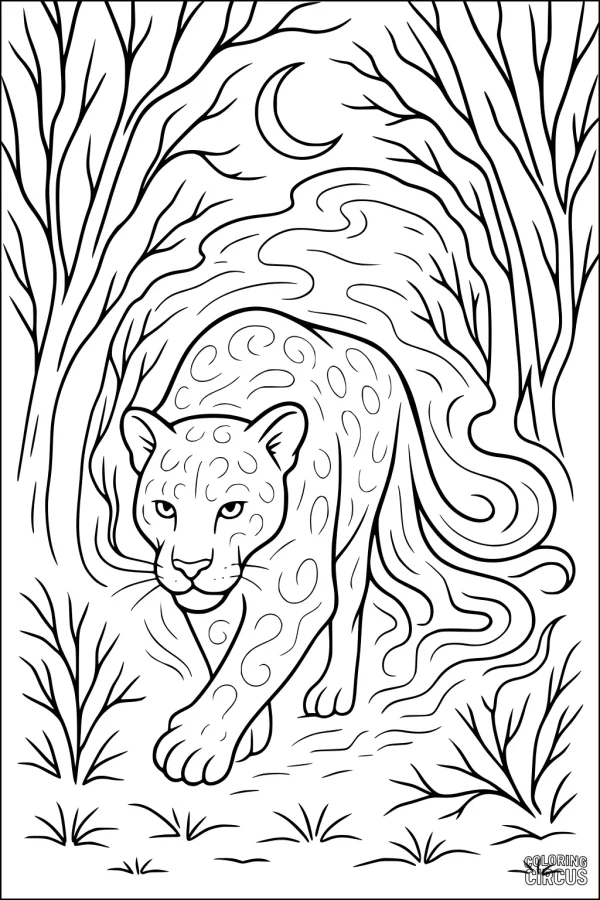 Coloring page of a leopard walking at night in a forest under a crescent moon with flowing clouds and bare trees