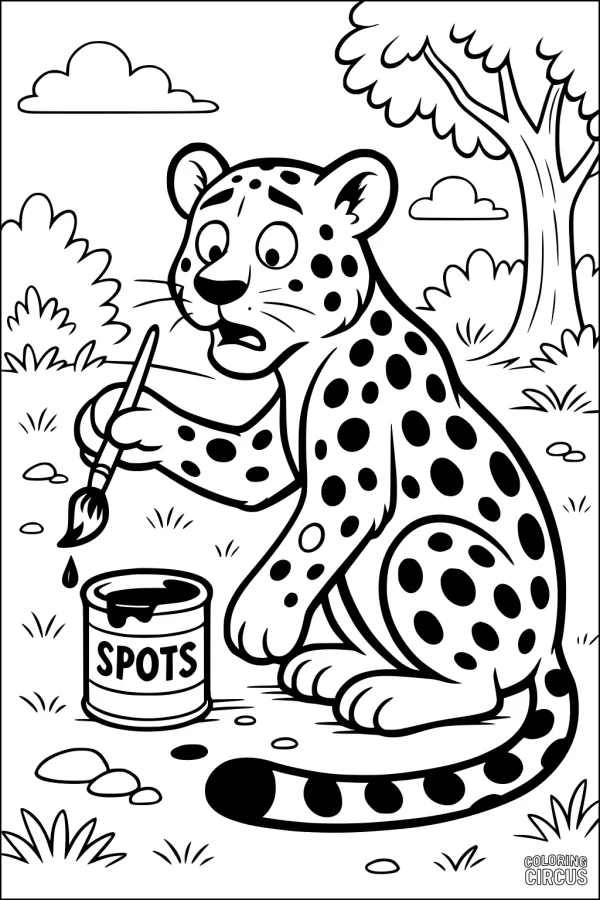 Coloring page of a cartoon leopard using a paintbrush to add spots in a grassy field