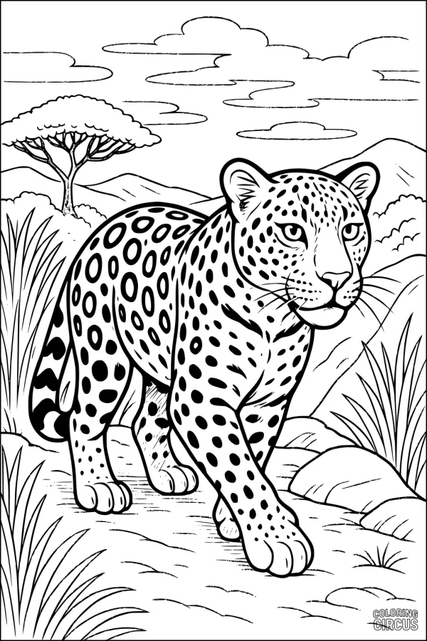 Coloring page showing a leopard walking in an African savanna with trees and mountains in the background