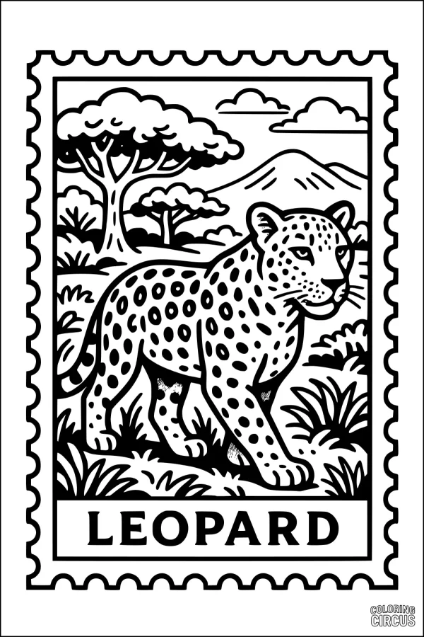Coloring page of a leopard walking on a savannah, framed like a postage stamp with trees, mountains, and grass