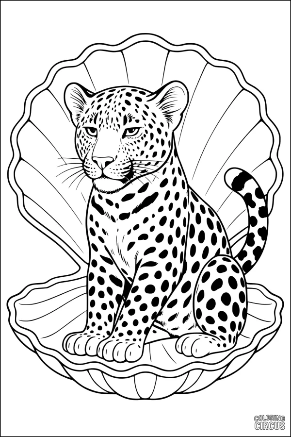 Coloring page featuring a leopard sitting inside a large open seashell