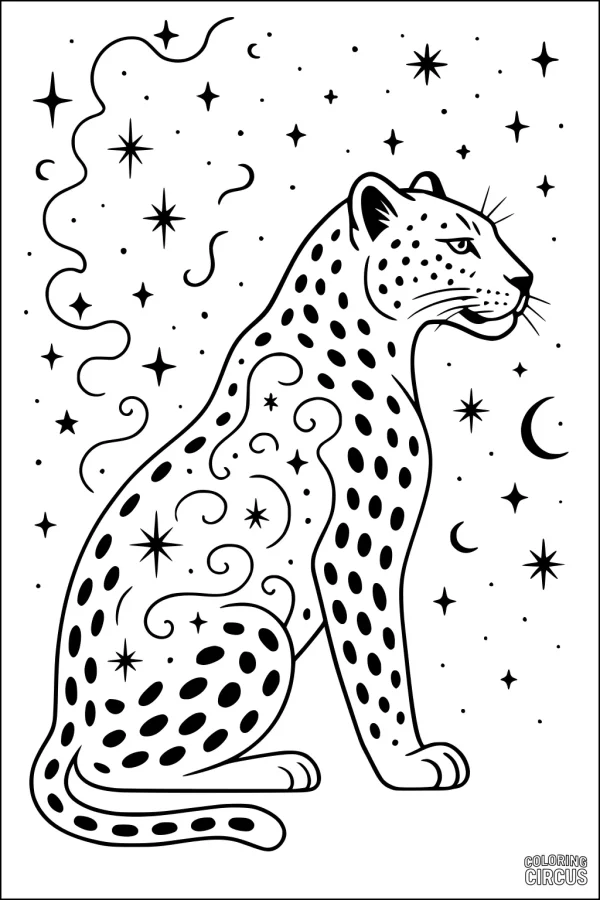 Coloring page showing a leopard sitting under swirling stars and crescent moons