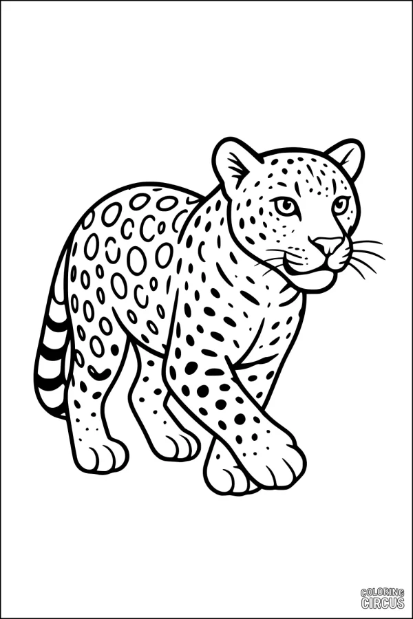 Coloring page of a cute leopard with spots walking forward, perfect for children and animal lovers.