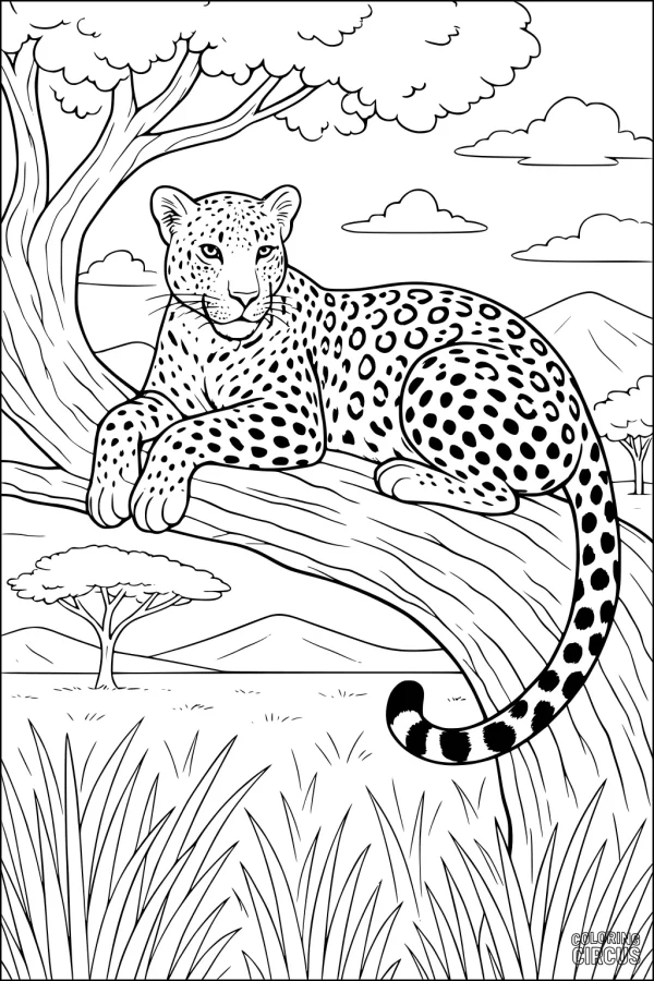 Coloring page showing a leopard resting on a tree branch in a savanna landscape with grass, acacia trees, and distant mountains.