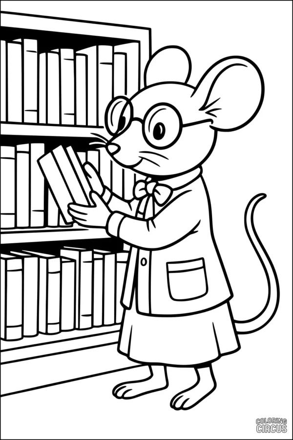 Coloring page of a cute mouse librarian holding a book in front of a library bookshelf