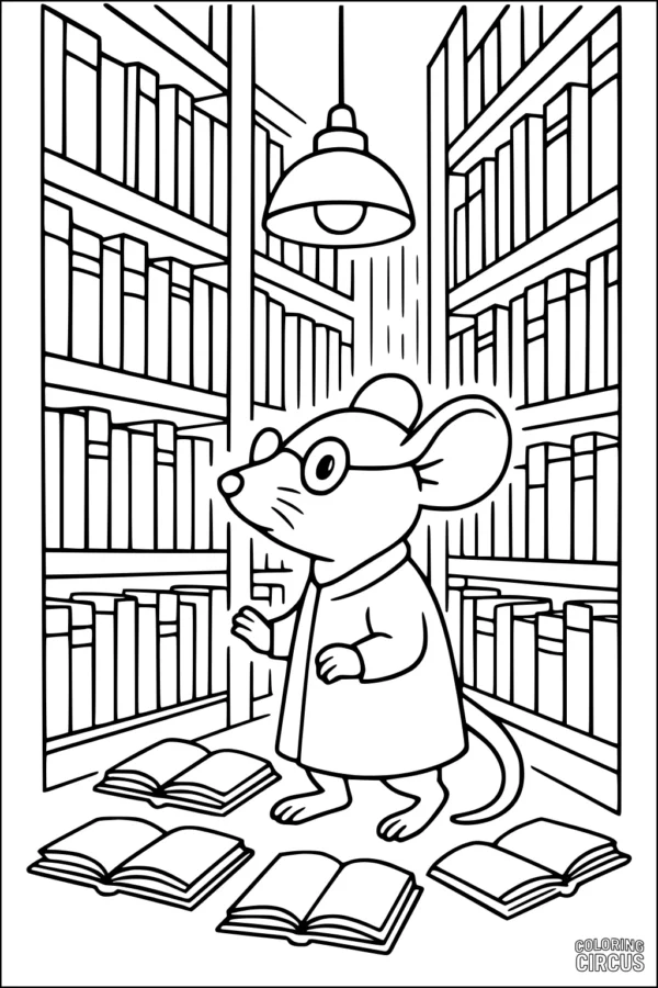 Coloring page featuring a cartoon mouse with glasses and a coat in a library, surrounded by shelves of books and open books on the floor