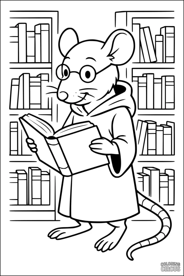 Coloring page of a cartoon rat in glasses and a cloak reading a book in a library, surrounded by shelves of books