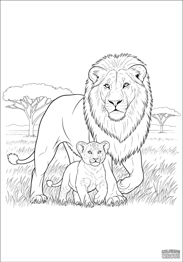 Coloring page showing a father lion and his cub on an African savanna with acacia trees and tall grass.