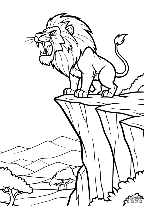 Coloring page showing a roaring lion standing on a cliff with savanna landscape in the background