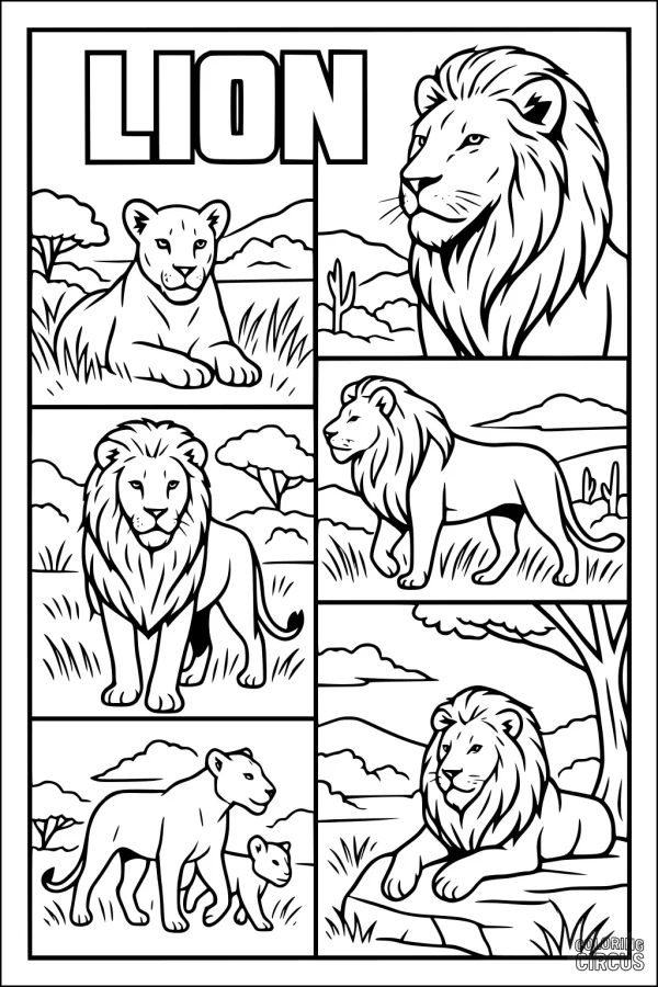 Coloring page with lions in various savanna scenes, featuring both adult lions and cubs