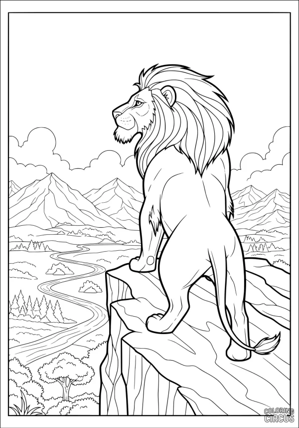 Coloring page of a proud lion standing on a cliff overlooking a scenic mountain valley