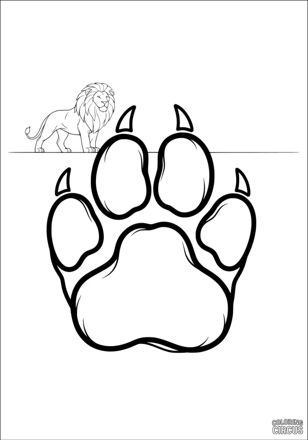 Coloring page featuring a lion and a large lion paw print