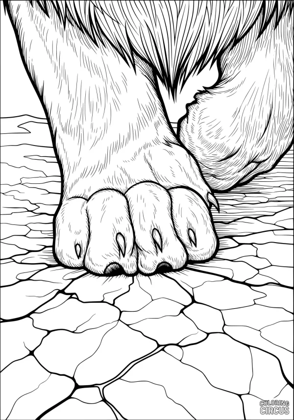 Coloring page close-up of a lion’s paw on cracked savanna ground