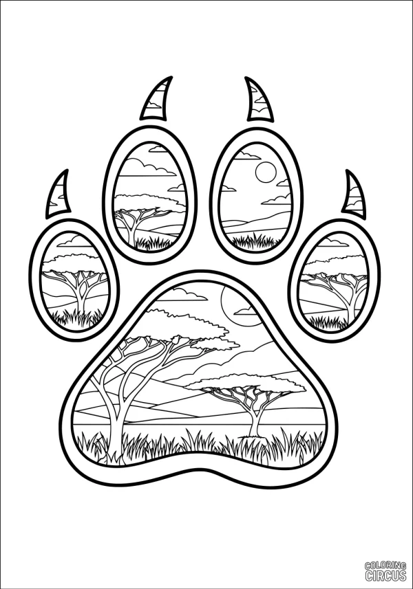 Coloring page featuring a lion pawprint with detailed savannah landscape scenes inside each pad