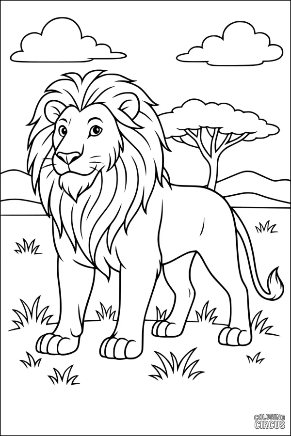 Coloring page featuring a friendly lion with a big mane standing on a grassy savanna with trees, hills, and clouds in the background