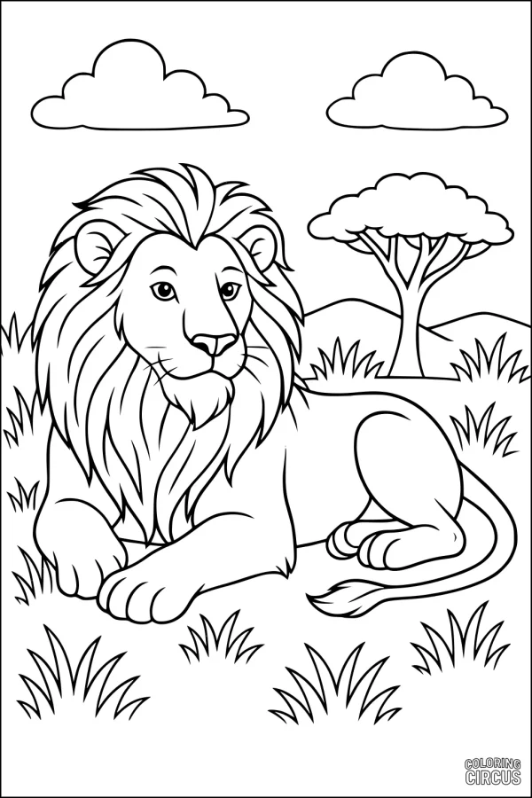 Coloring page showing a relaxed lion lying in savanna grass with trees and clouds in the background.