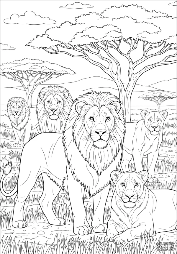 Coloring page showing detailed lion pride scene in African savanna with acacia trees.