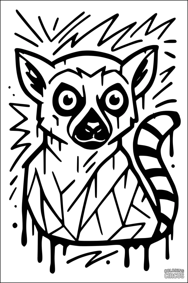 Coloring page featuring a cartoon lemur with large eyes and a striped tail in a playful pose